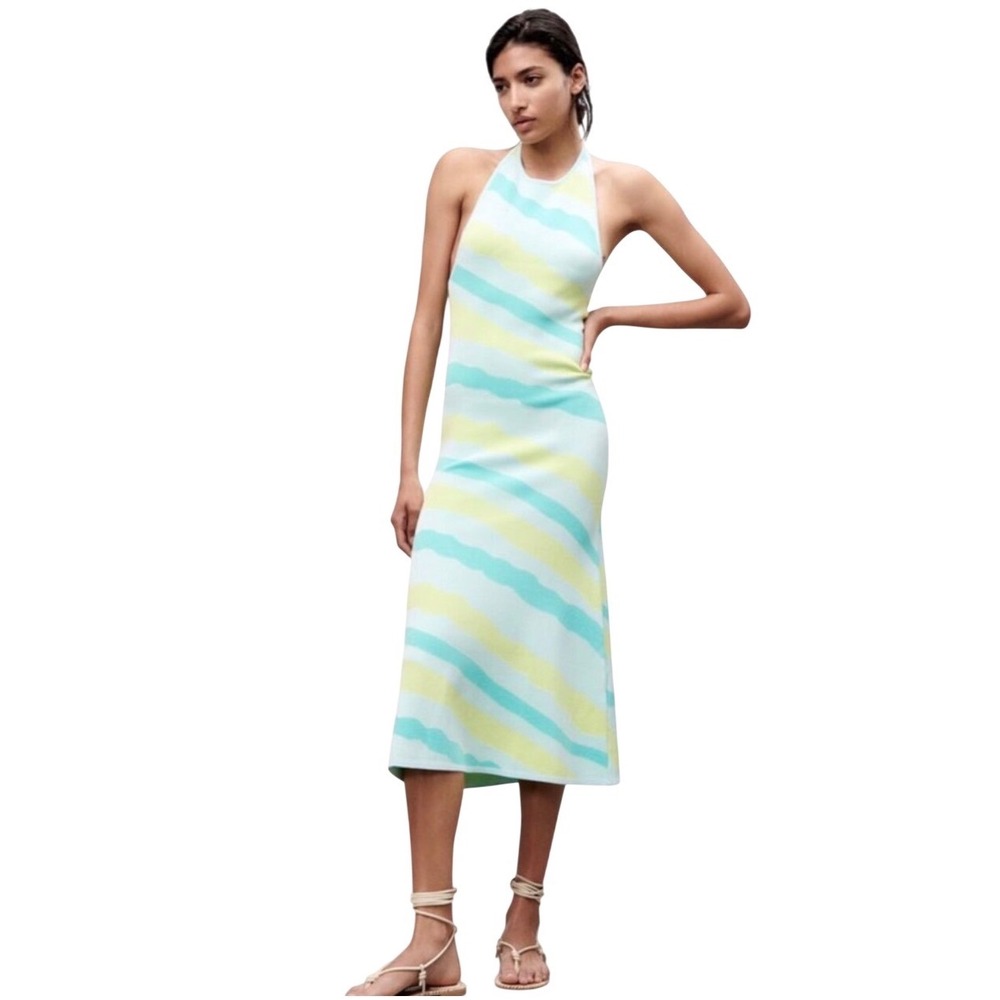 ZARA Knit Halter Maxi Dress Sz L Blue Green Yellow Wavy Stripe Backless Festival